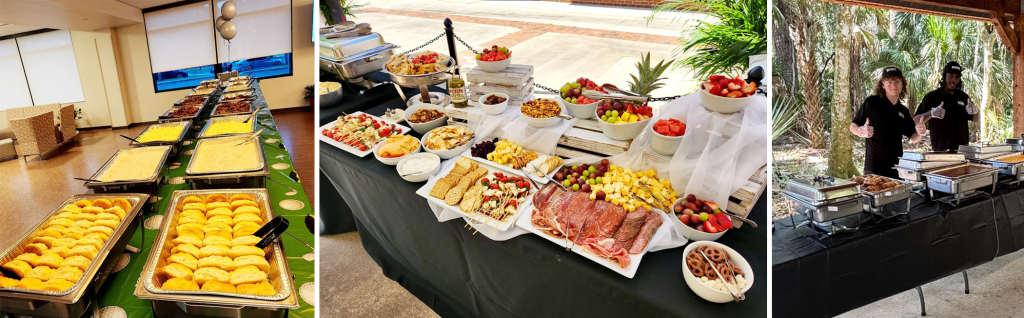 Catering options including breakfast buffet, charcuterie, and served buffet style.